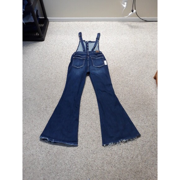 XL Judy Blue Dark Wash Bib Overalls Flare Raw Hem - Picture 5 of 9